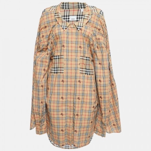Pre Owned Burberry Beige Vintage Checked Wrap Sleeve Shirt Dress M