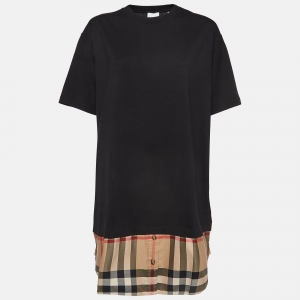 Pre Owned Burberry Black Cotton Knit Tartan Panel Oversized T-shirt Dress L