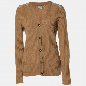 Burberry Brown Merino Wool Rib Knit Button Front Cardigan M