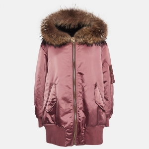 Pre Owned Burberry Burgundy Fur Trimmed Synthetic Hooded Jacket XL
