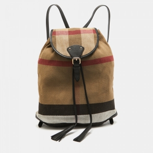Burberry Black/Beige Mega Check Canvas and Leather Drawstring Flap Backpack
