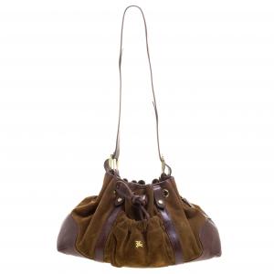 Pre Owned Burberry Brown Suede and Leather Drawstring Hobo