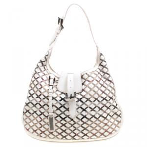 Pre Owned Burberry White House Check Patent Leather and PVC Brooke Hobo
