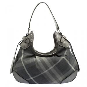 Pre Owned Burberry Grey Shimmering Nova Check Canvas and Leather Fairby Hobo