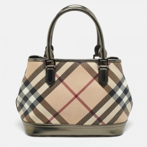 Pre Owned Burberry Beige/Metallic Nova Check PVC and Patent Leather Eden Tote