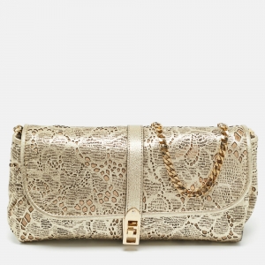 Pre Owned Burberry Gold Laser Cut Leather Theia Chain Clutch