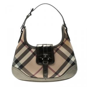 Pre Owned Burberry Metallic Grey PVC and Leather Small Brooke Hobo