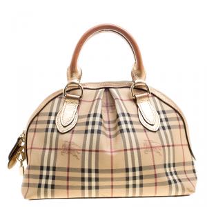 Burberry Gold Haymarket Check PVC and Leather Thornley Bowling Bag