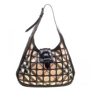 Pre Owned Burberry Black Nova Check PVC and Leather Brooke Warrior Hobo