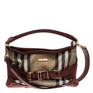Pre Owned Burberry Red House Check Fabric and Leather Hobo