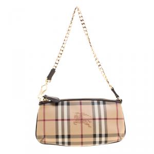 Pre Owned Burberry Beige Haymarket Check Canvas Clara Wristlet