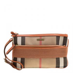 Pre Owned Burberry Beige/Orange House Check Canvas Wristlet Clutch