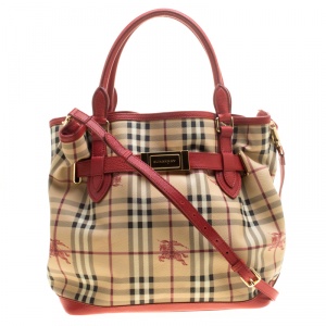 Pre Owned Burberry Beige/Red Haymarket Check PVC and Leather Medium Golderton Tote