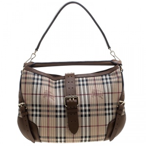 Pre Owned Burberry Beige/Brown Haymarket Check PVC and Leather Stitched Dunloe Hobo