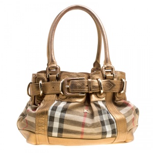 Pre Owned Burberry Metallic Gold Leather and House Check Fabric Bridle Tote