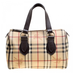 Pre Owned Burberry Beige Haymarket Check Coated Canvas Boston Bag