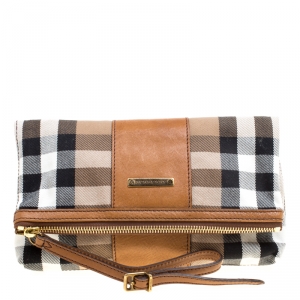 Pre Owned Burberry Brown House Check Fabric and Leather Foldable Wristlet Clutch