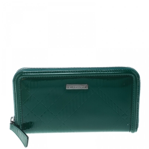 Pre Owned Burberry Green Check Embossed Patent Leather Zip Around Wallet