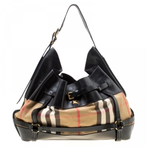 Pre Owned Burberry Black House Check Fabric and Leather Bridle Hobo