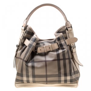 Pre Owned Burberry Beige Smoked Check PVC and Leather Walden Hobo