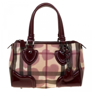 Burberry Burgundy House Check PVC & Patent Leather Hearts Boston Bag