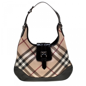 Pre Owned Burberry Black/Beige Nova Check PVC and Patent Leather Brooke Hobo