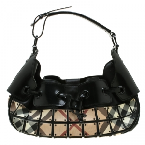 Pre Owned Burberry Black/Beige Nova Check Leather Warrior Armor Hobo
