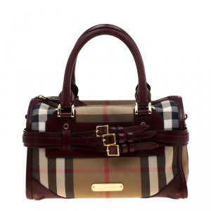 Pre Owned Burberry Burgundy House Check Fabric and Leather Bridle Chester Bowler Bag