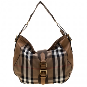 Pre Owned Burberry Brown House Check Canvas and Leather Buckle Hobo 