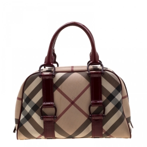 Pre Owned حقيبة بربري جلد لامع و PVC كاروهات نوفا بنية محمرة/ بيج