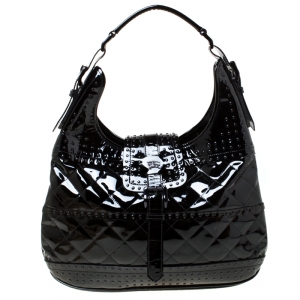 Pre Owned Burberry Black Patent Leather Studded Brooke Hobo