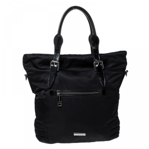 Pre Owned Burberry Black Nylon and Patent Leather Front Pocket Tote