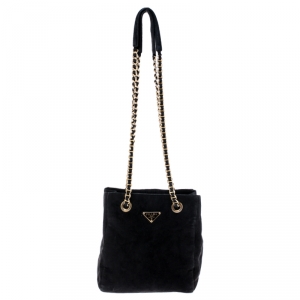 Pre Owned  Prada Black Suede Logo Chain Shoulder Bag