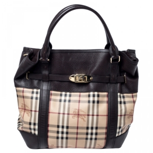 Pre Owned Burberry Beige/Brown Haymarket Check Coated Canvas and Leather Willenmore Tote