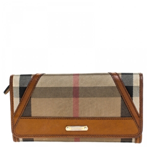 مملوكة مسبقًا Burberry Brown/Beige House Check Fabric and Leather Leighton Continental Wallet