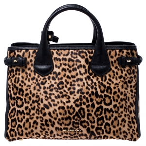 Pre Owned Burberry Brown/Black Leopard Print Calfhair and Leather Medium Banner Tote