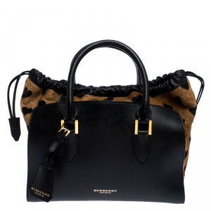 مملوكة مسبقًا  Burberry Black/Brown Heart Print Leather and Calfhair Dinton Satchel