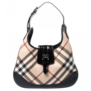 Pre Owned Burberry Black/Beige Nova Check PVC and Patent Leather Brooke Hobo