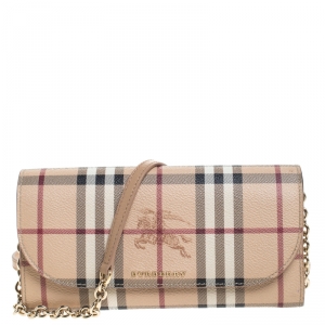 Pre Owned Burberry Beige Haymarket Check Coated Canvas Henley Wallet On Chain 