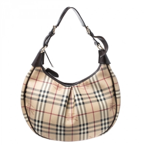 Pre Owned Burberry Beige/Dark Brown Haymarket Check PVC and Leather Pleated Hobo