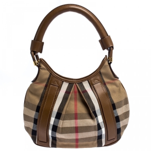 مملوكة مسبقًا Burberry Beige/Camel House Check Canvas and Leather Phoebe Hobo