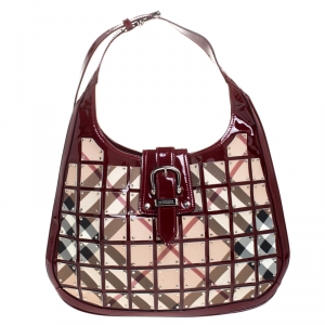 Pre Owned Burberry Burgundy Nova Check Patent Leather Warrior Brooke Hobo