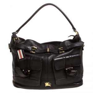 Pre Owned Burberry Dark Brown Leather Front Pocket Hobo