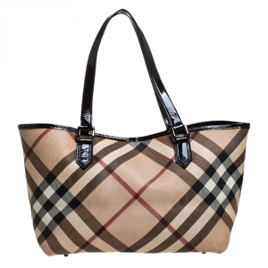 Pre Owned Burberry Beige/Black Nova Check PVC and Patent Leather Shopper Tote