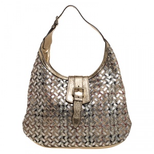 Pre Owned Burberry Gold/Beige Woven Haymarket Check PVC and Leather Brooke  Hobo