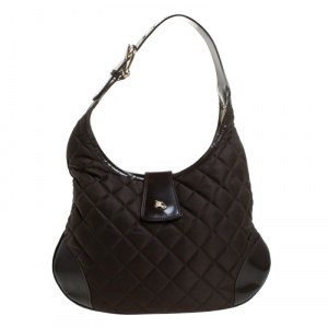 Pre Owned Burberry Dark Brown Quilted Nylon and Patent Leather Brooke Hobo