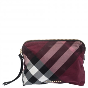 Pre Owned Burberry Plum Check Nylon Zip Cosmetic Pouch