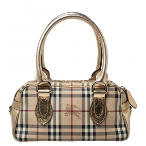 Pre Owned Burberry Gold/Beige Haymarket Check PVC and Patent Leather Bowler Bag