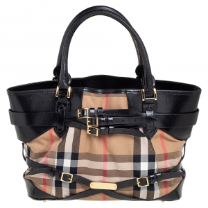 Pre Owned Burberry Black House Check Canvas and Leather Medium Bridle Lynher Tote