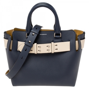 Pre Owned Burberry Navy Blue Leather Small Belt Tote